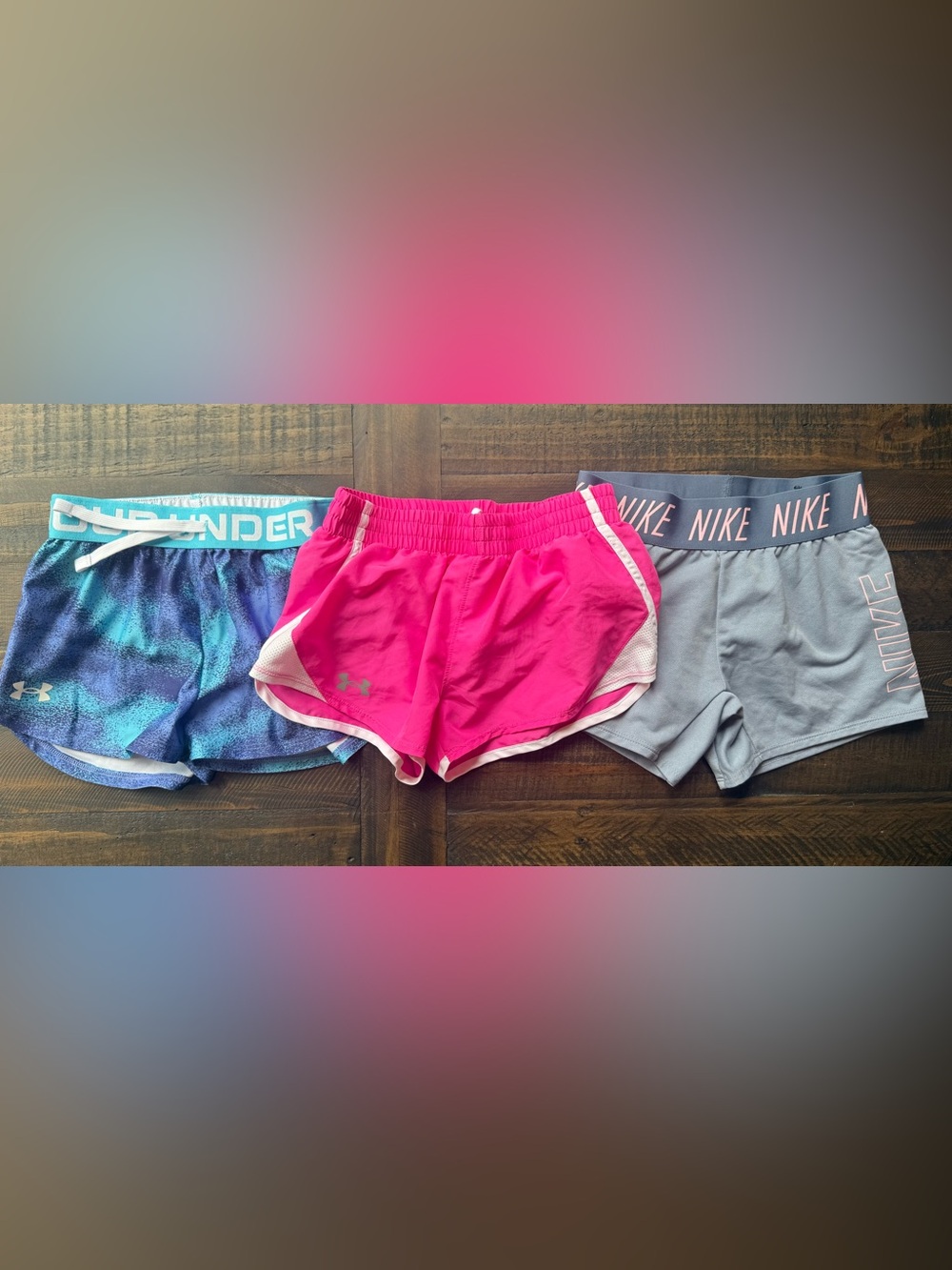 Nike & Under Armour Girls Athletic Shorts 3-Piece Set in Pink & Gray Size Small